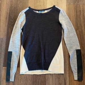 AT merino wool color block sweater with leather patching on sleeve XS